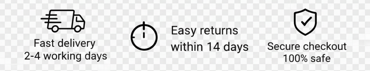 Icons and text indicating fast delivery, easy returns, and secure checkout on a transparent background